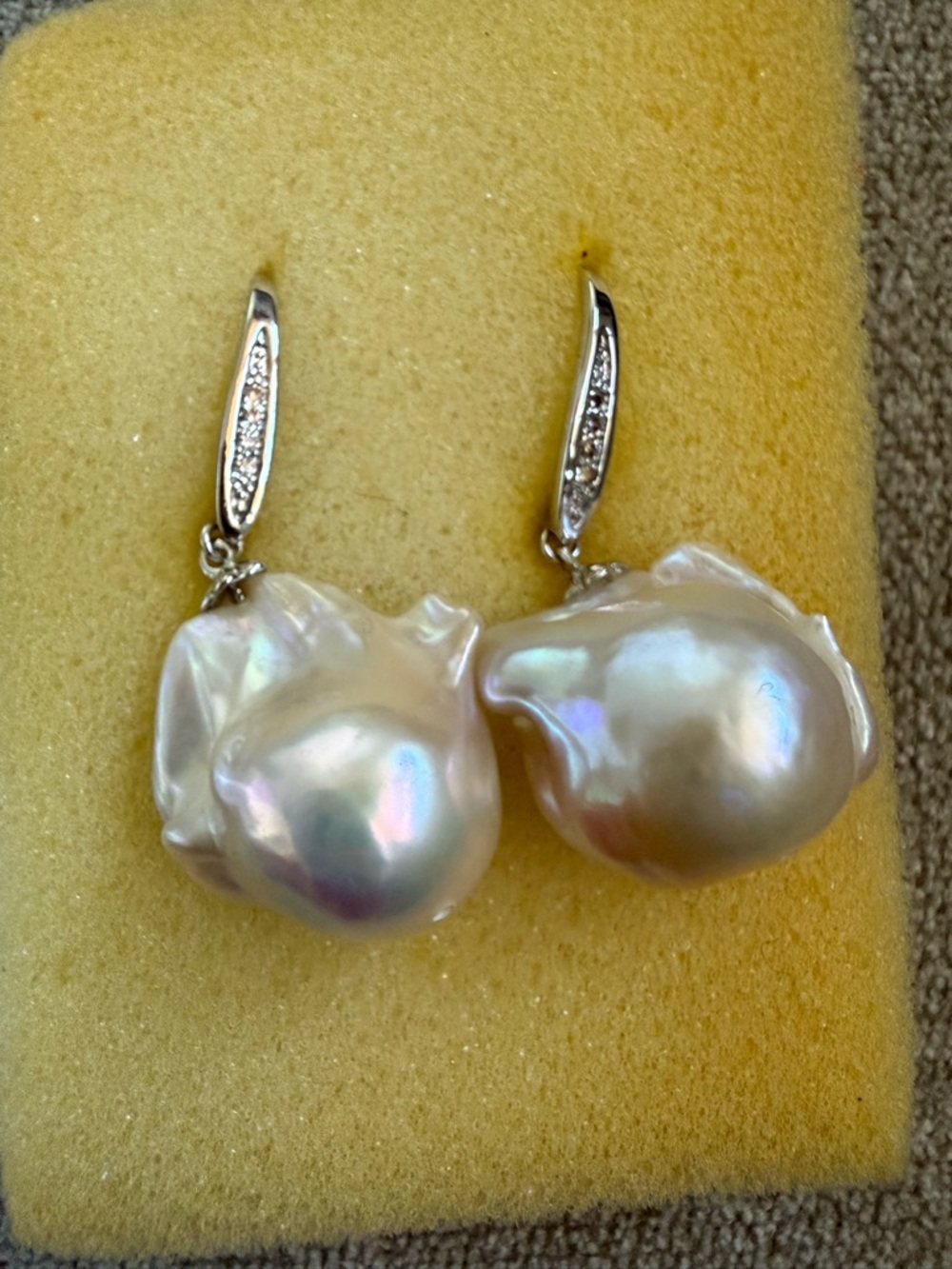 Iridescent White Baroque Pearl Drop Earrings with Rhinestone Hooks